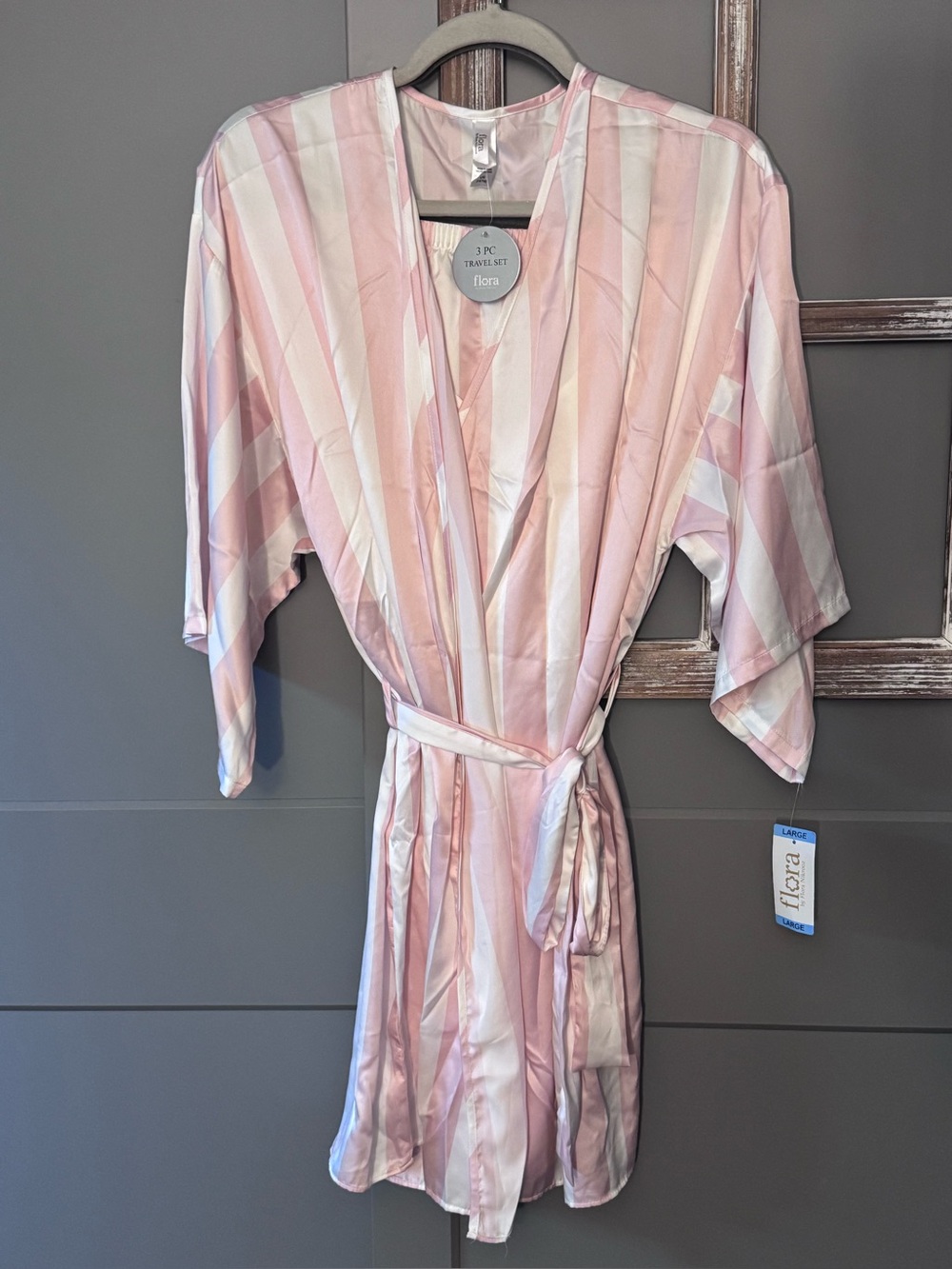 Flora Nikrooz Pink & White Striped Satin Kimono